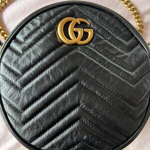 GUCCI Calfskin Matelasse Mini GG Marmont Round Shoulder Bag in Black